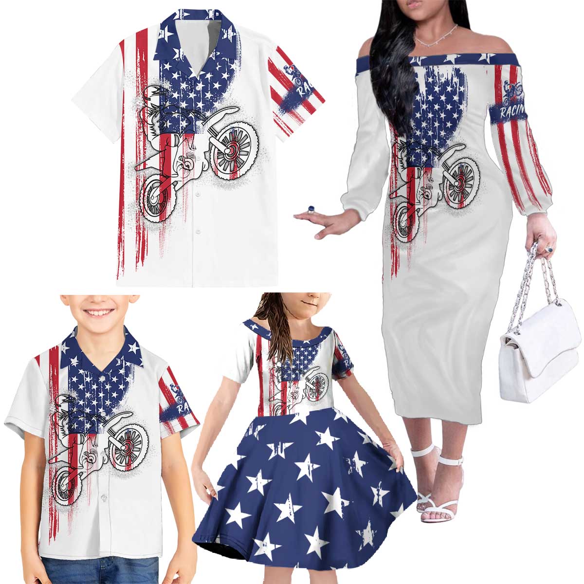 Motocross Rider Graphic Dirtbike Racing Family Matching Off The Shoulder Long Sleeve Dress and Hawaiian Shirt with Distressed American Flag and Custom Number - Wonder Print Shop