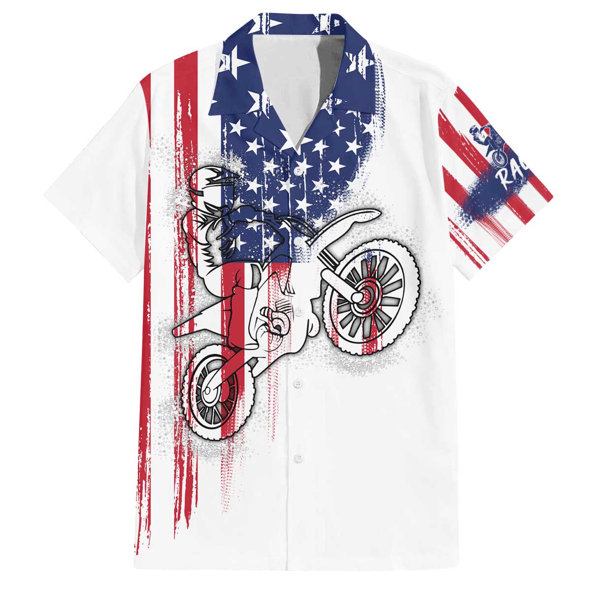Motocross Rider Graphic Dirtbike Racing Family Matching Off The Shoulder Long Sleeve Dress and Hawaiian Shirt with Distressed American Flag and Custom Number - Wonder Print Shop