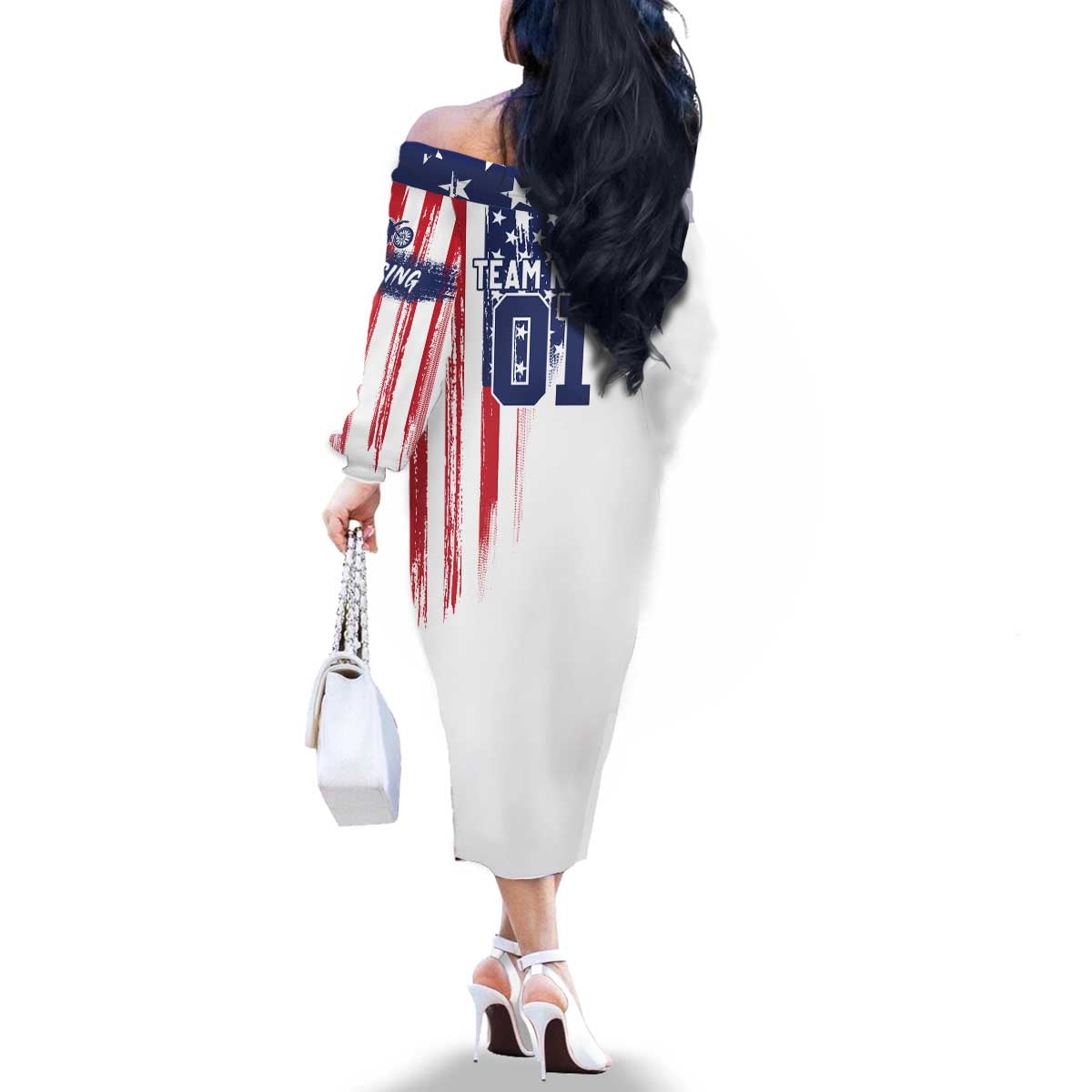 Motocross Rider Graphic Dirtbike Racing Family Matching Off The Shoulder Long Sleeve Dress and Hawaiian Shirt with Distressed American Flag and Custom Number - Wonder Print Shop