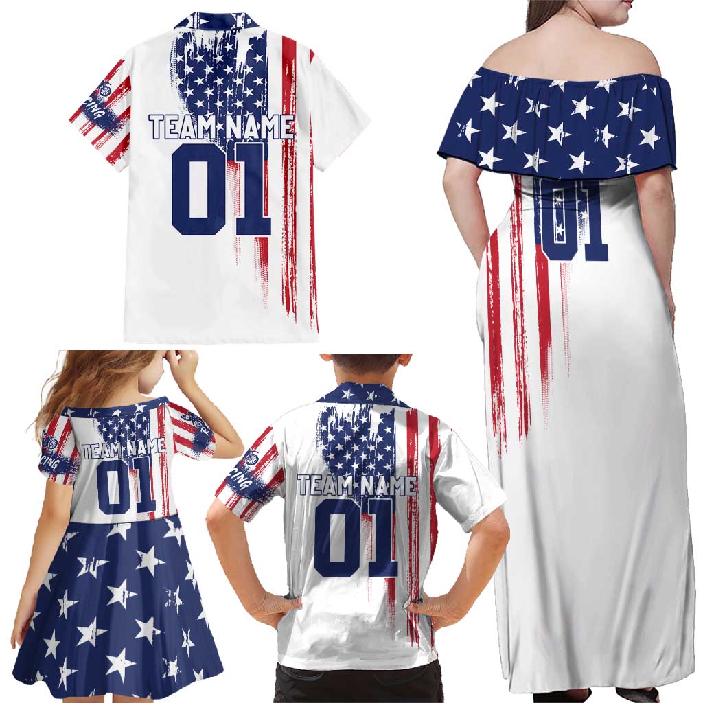 Motocross Rider Graphic Dirtbike Racing Family Matching Off Shoulder Maxi Dress and Hawaiian Shirt with Distressed American Flag and Custom Number - Wonder Print Shop