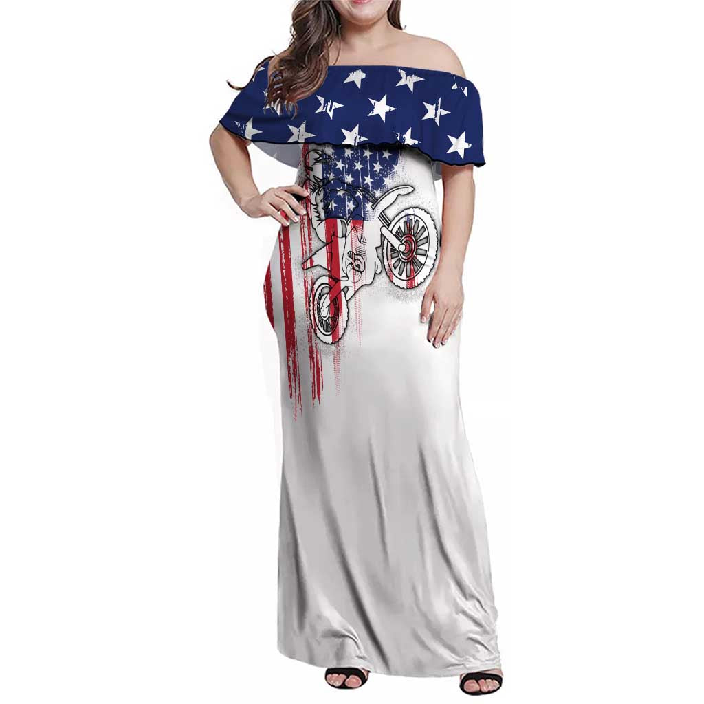 Motocross Rider Graphic Dirtbike Racing Family Matching Off Shoulder Maxi Dress and Hawaiian Shirt with Distressed American Flag and Custom Number - Wonder Print Shop