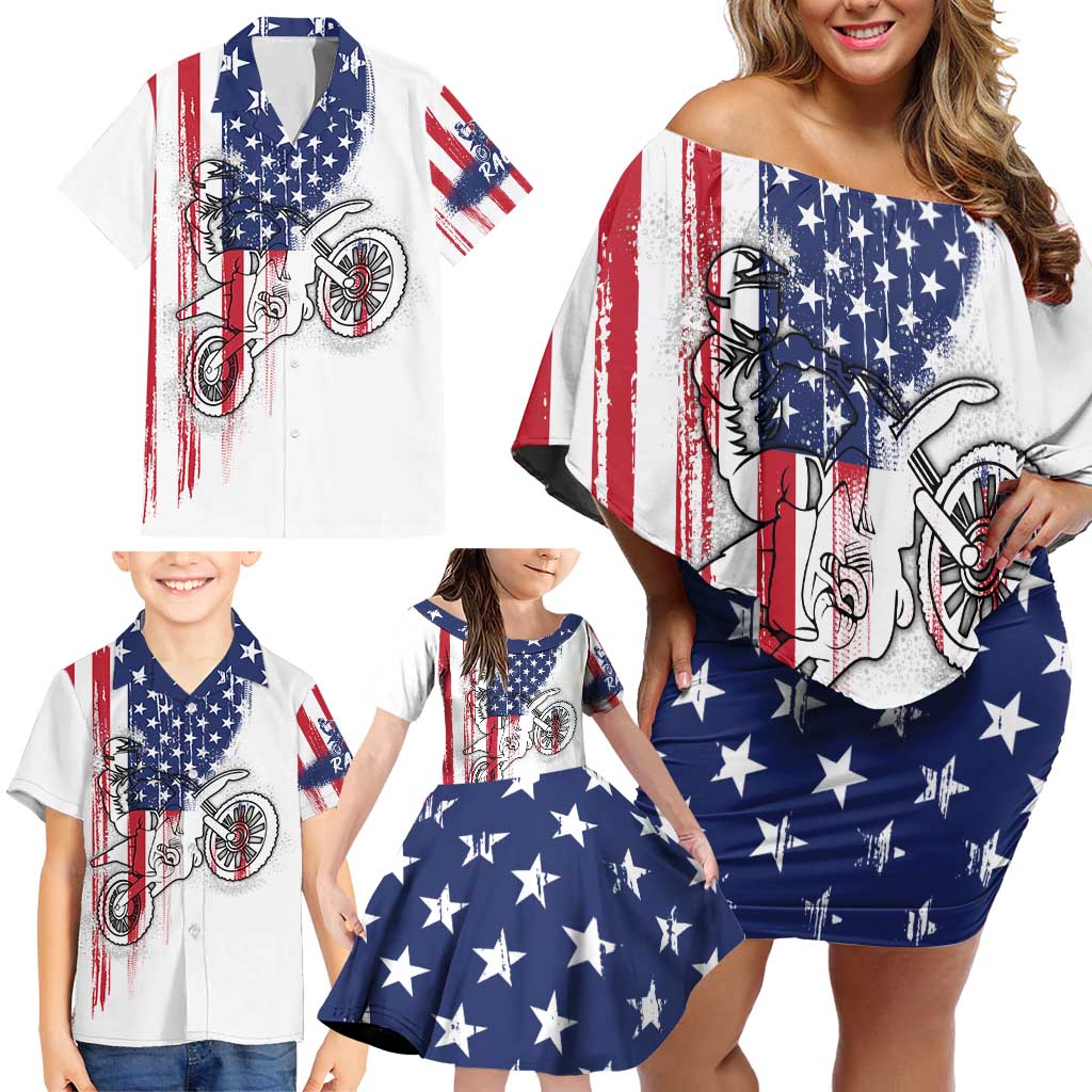 Motocross Rider Graphic Dirtbike Racing Family Matching Off Shoulder Short Dress and Hawaiian Shirt with Distressed American Flag and Custom Number - Wonder Print Shop