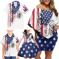 Motocross Rider Graphic Dirtbike Racing Family Matching Off Shoulder Short Dress and Hawaiian Shirt with Distressed American Flag and Custom Number - Wonder Print Shop