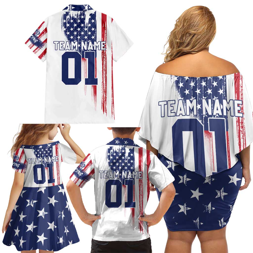 Motocross Rider Graphic Dirtbike Racing Family Matching Off Shoulder Short Dress and Hawaiian Shirt with Distressed American Flag and Custom Number - Wonder Print Shop