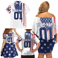 Motocross Rider Graphic Dirtbike Racing Family Matching Off Shoulder Short Dress and Hawaiian Shirt with Distressed American Flag and Custom Number - Wonder Print Shop