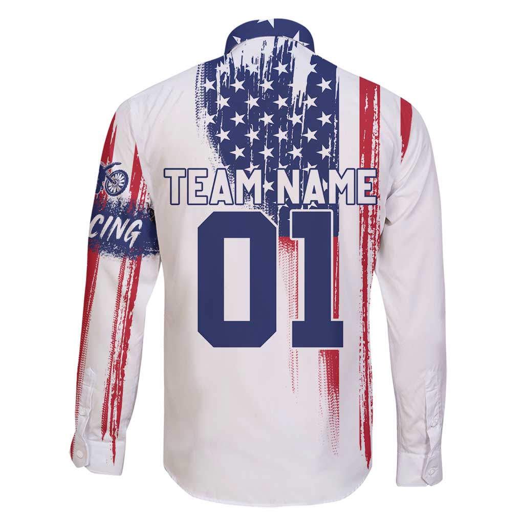 Motocross Rider Graphic Dirtbike Racing Family Matching Off Shoulder Short Dress and Hawaiian Shirt with Distressed American Flag and Custom Number - Wonder Print Shop