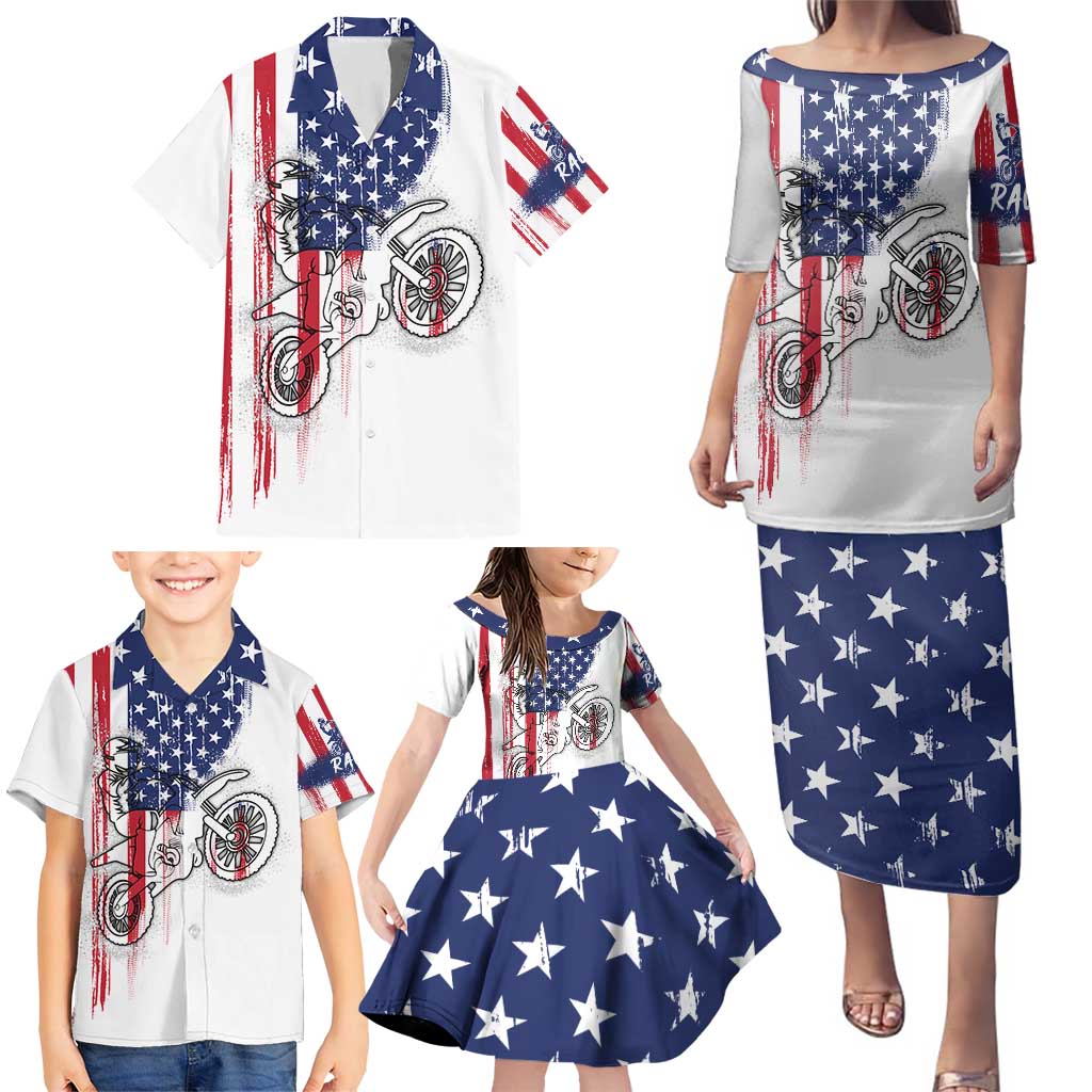 Motocross Rider Graphic Dirtbike Racing Family Matching Puletasi and Hawaiian Shirt with Distressed American Flag and Custom Number - Wonder Print Shop
