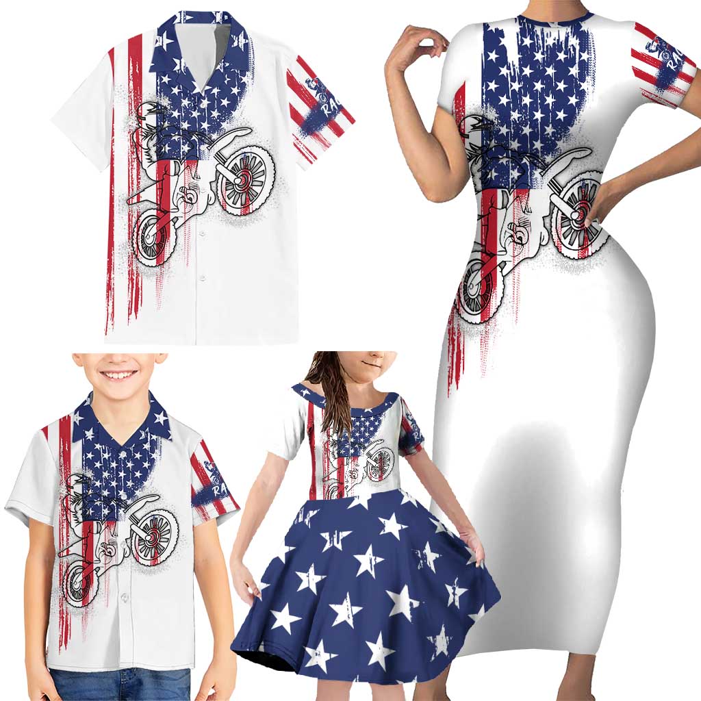 Motocross Rider Graphic Dirtbike Racing Family Matching Short Sleeve Bodycon Dress and Hawaiian Shirt with Distressed American Flag and Custom Number - Wonder Print Shop