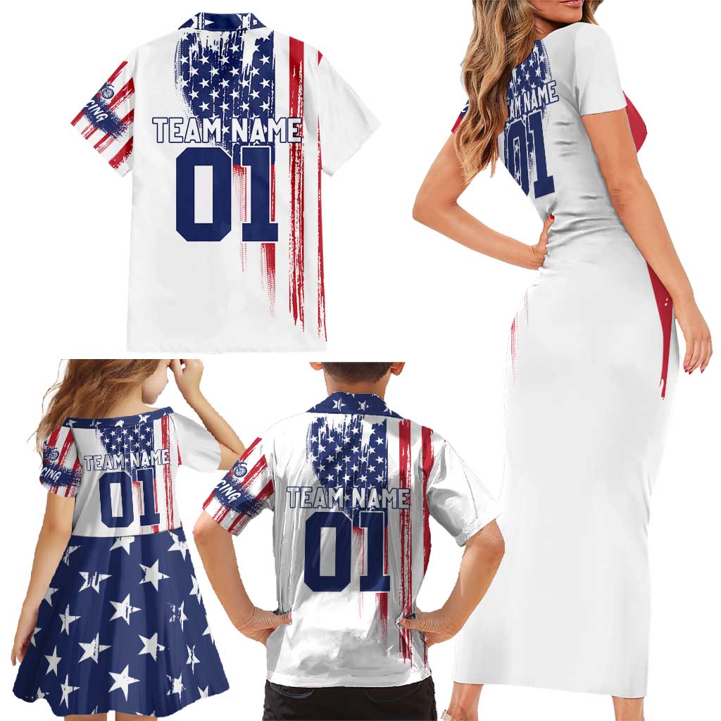 Motocross Rider Graphic Dirtbike Racing Family Matching Short Sleeve Bodycon Dress and Hawaiian Shirt with Distressed American Flag and Custom Number - Wonder Print Shop