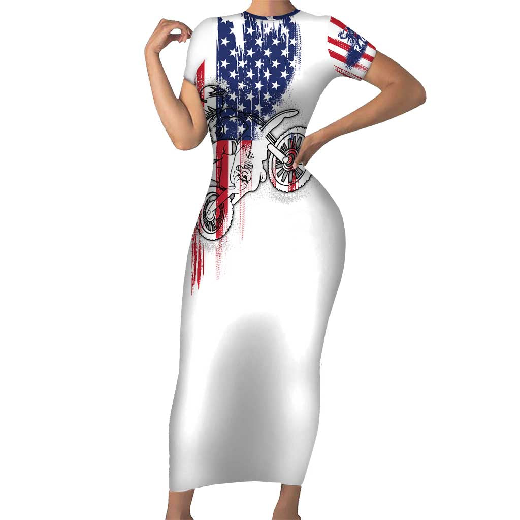 Motocross Rider Graphic Dirtbike Racing Family Matching Short Sleeve Bodycon Dress and Hawaiian Shirt with Distressed American Flag and Custom Number - Wonder Print Shop