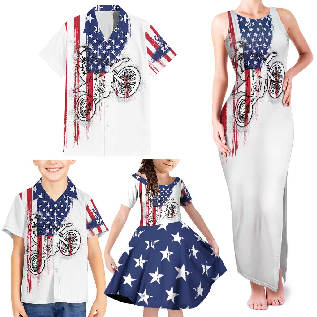 Motocross Rider Graphic Dirtbike Racing Family Matching Tank Maxi Dress and Hawaiian Shirt with Distressed American Flag and Custom Number - Wonder Print Shop