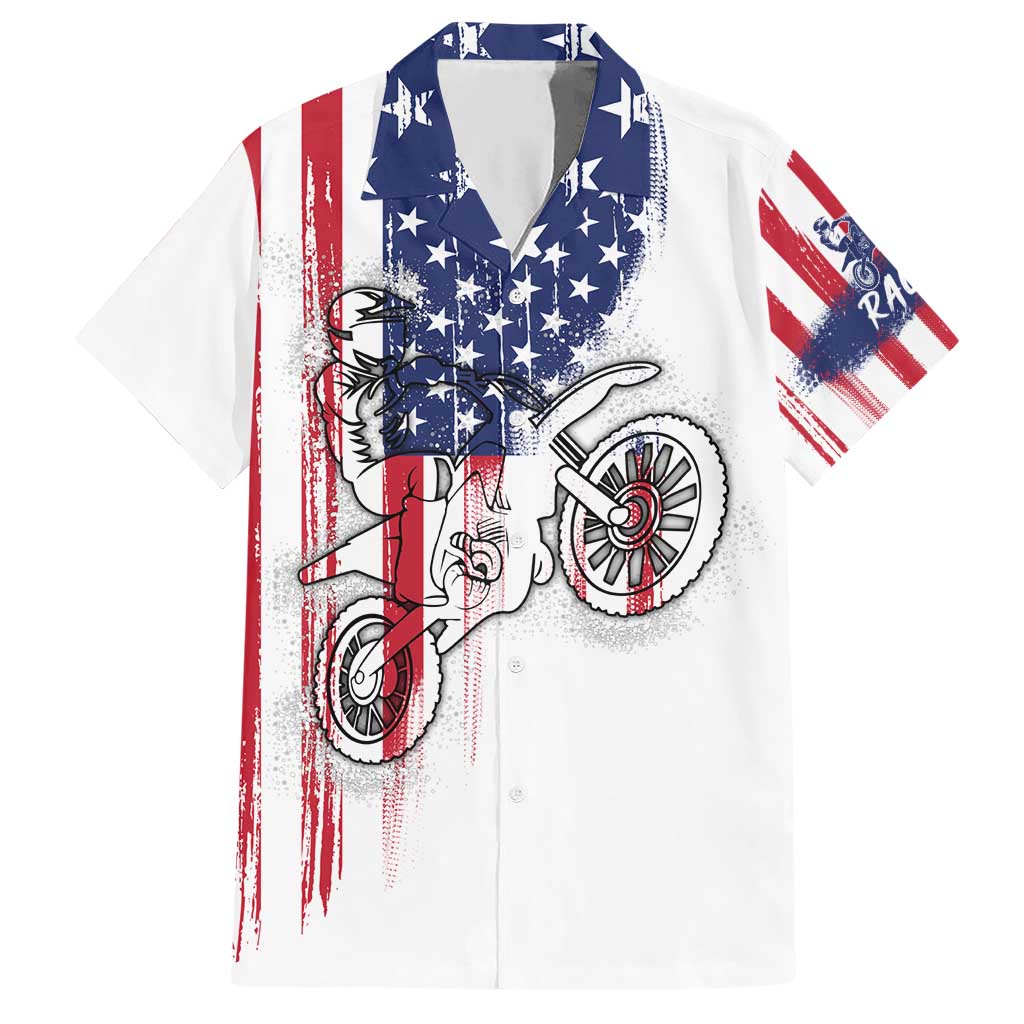 Motocross Rider Graphic Dirtbike Racing Hawaiian Shirt with Distressed American Flag and Custom Number - Wonder Print Shop