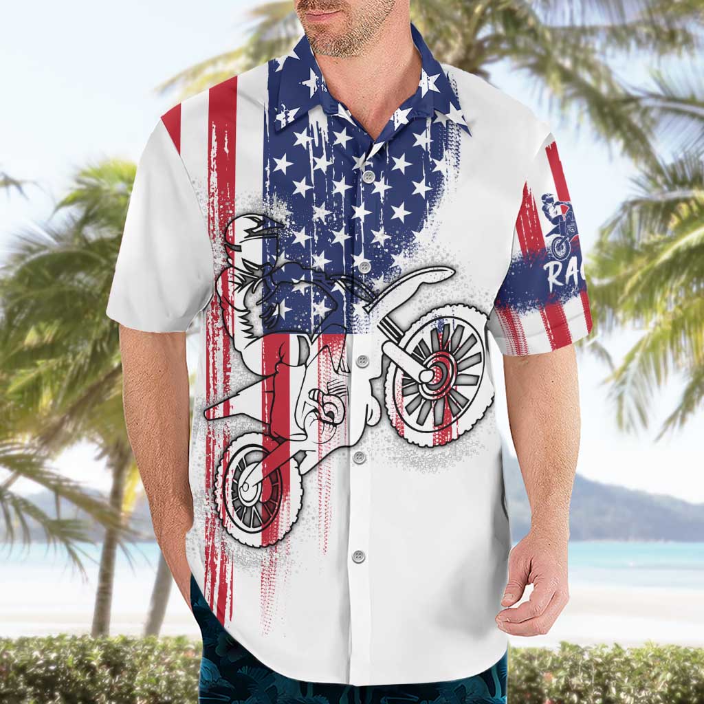 Motocross Rider Graphic Dirtbike Racing Hawaiian Shirt with Distressed American Flag and Custom Number - Wonder Print Shop