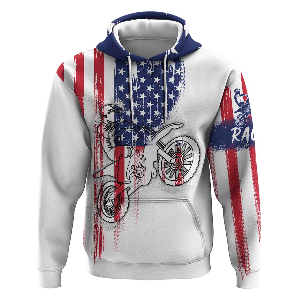 Motocross Rider Graphic Dirtbike Racing Hoodie with Distressed American Flag and Custom Number - Wonder Print Shop