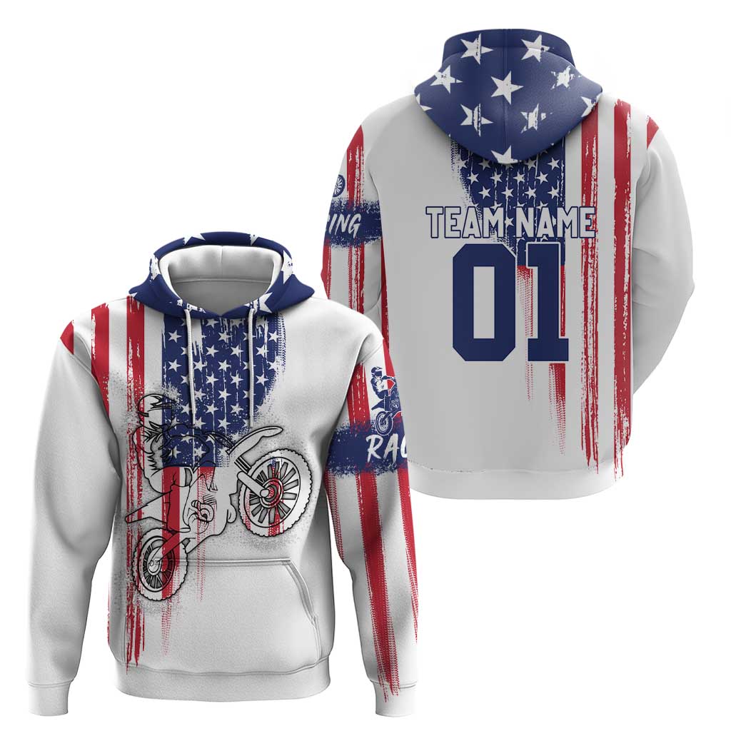Motocross Rider Graphic Dirtbike Racing Hoodie with Distressed American Flag and Custom Number - Wonder Print Shop