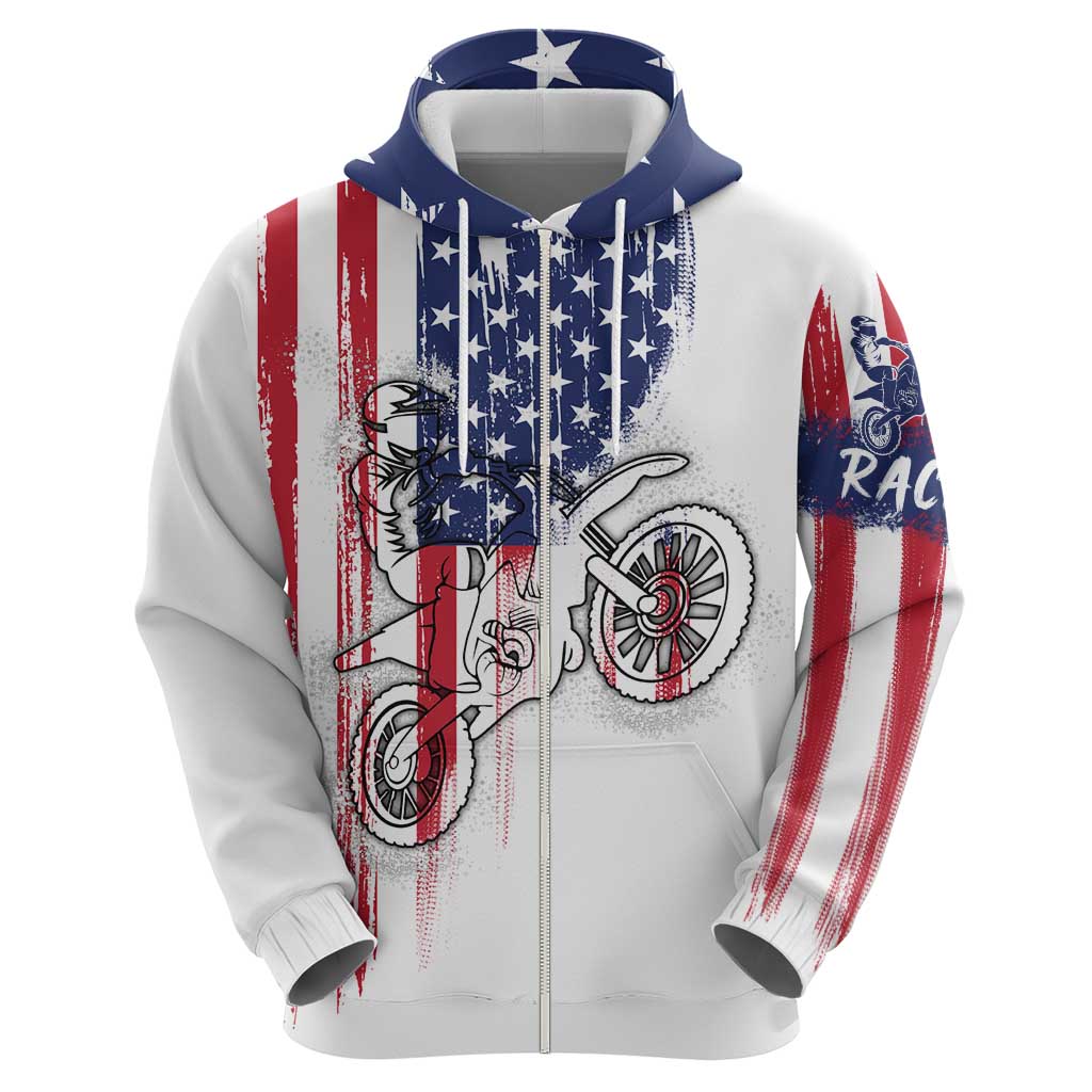 Motocross Rider Graphic Dirtbike Racing Hoodie with Distressed American Flag and Custom Number - Wonder Print Shop