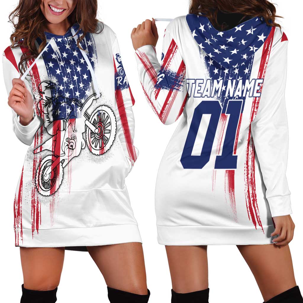 Motocross Rider Graphic Dirtbike Racing Hoodie Dress with Distressed American Flag and Custom Number - Wonder Print Shop