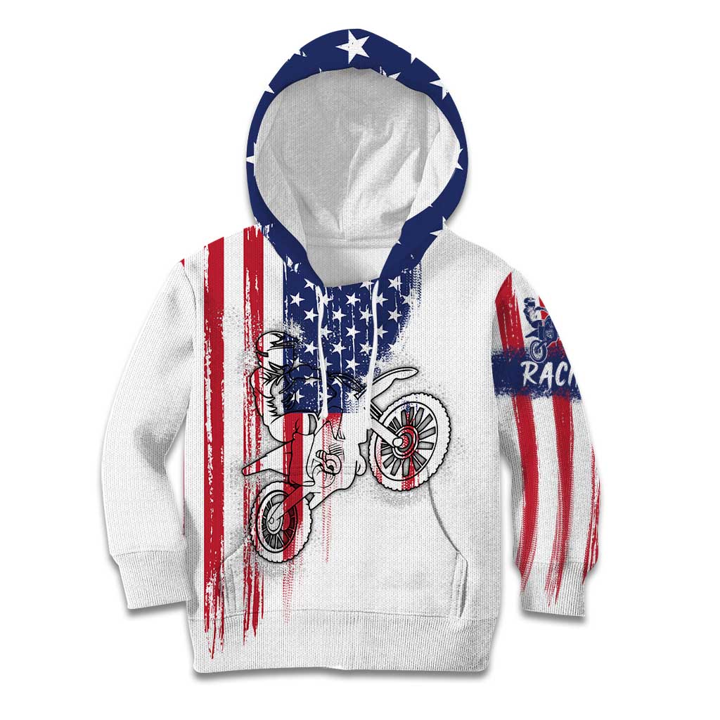 Motocross Rider Graphic Dirtbike Racing Kid Hoodie with Distressed American Flag and Custom Number - Wonder Print Shop