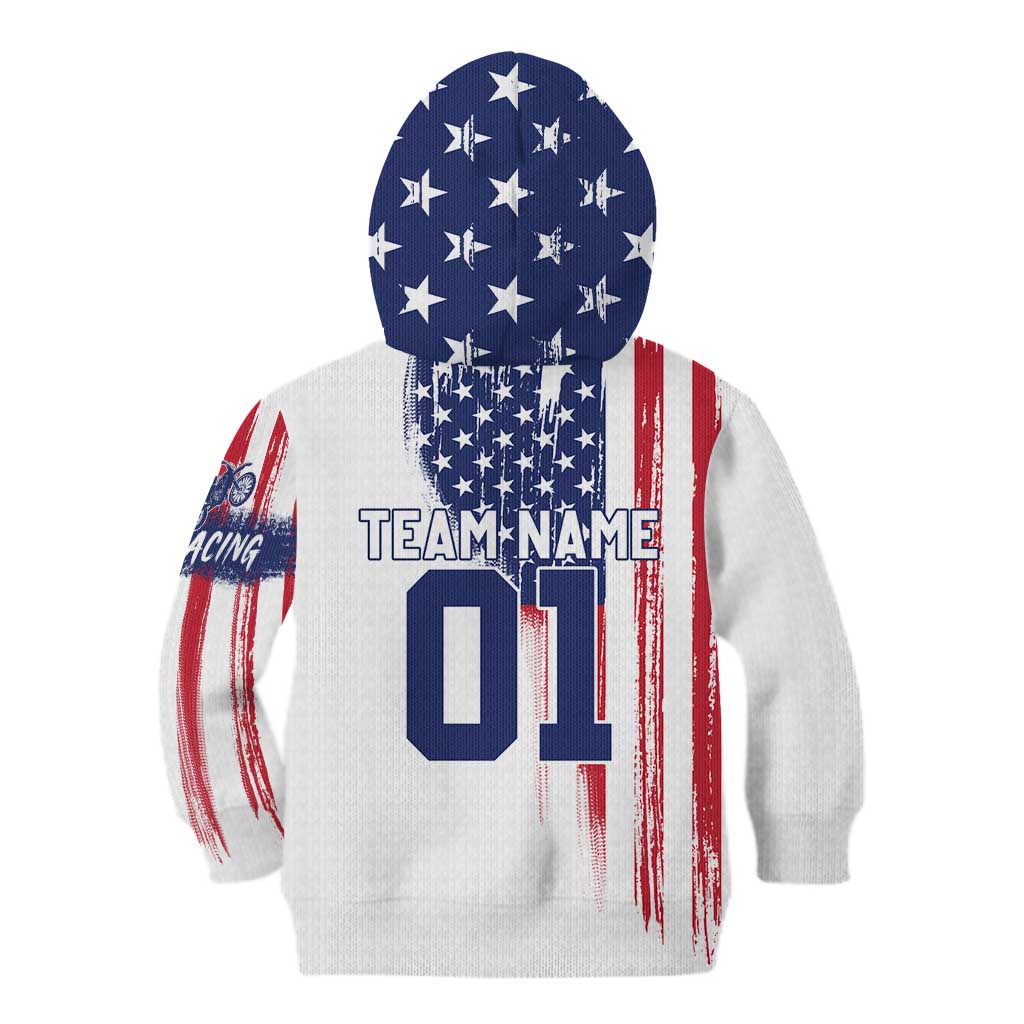 Motocross Rider Graphic Dirtbike Racing Kid Hoodie with Distressed American Flag and Custom Number - Wonder Print Shop