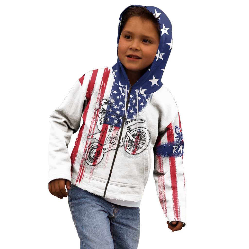 Motocross Rider Graphic Dirtbike Racing Kid Hoodie with Distressed American Flag and Custom Number - Wonder Print Shop
