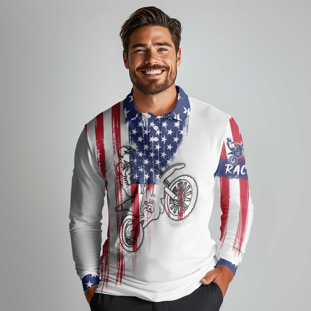 Motocross Rider Graphic Dirtbike Racing Long Sleeve Polo Shirt with Distressed American Flag and Custom Number - Wonder Print Shop