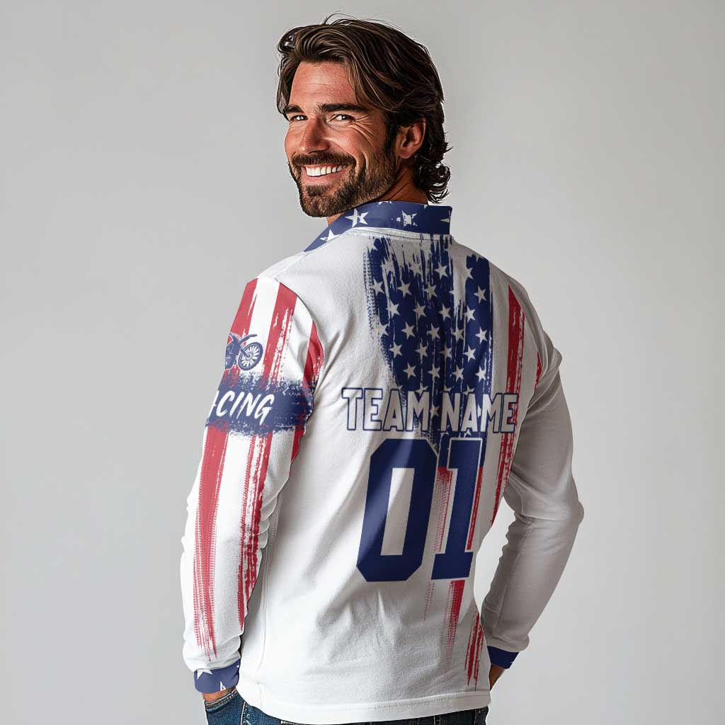 Motocross Rider Graphic Dirtbike Racing Long Sleeve Polo Shirt with Distressed American Flag and Custom Number - Wonder Print Shop