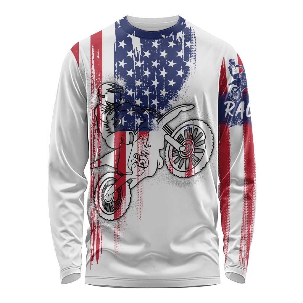 Motocross Rider Graphic Dirtbike Racing Long Sleeve Shirt with Distressed American Flag and Custom Number - Wonder Print Shop