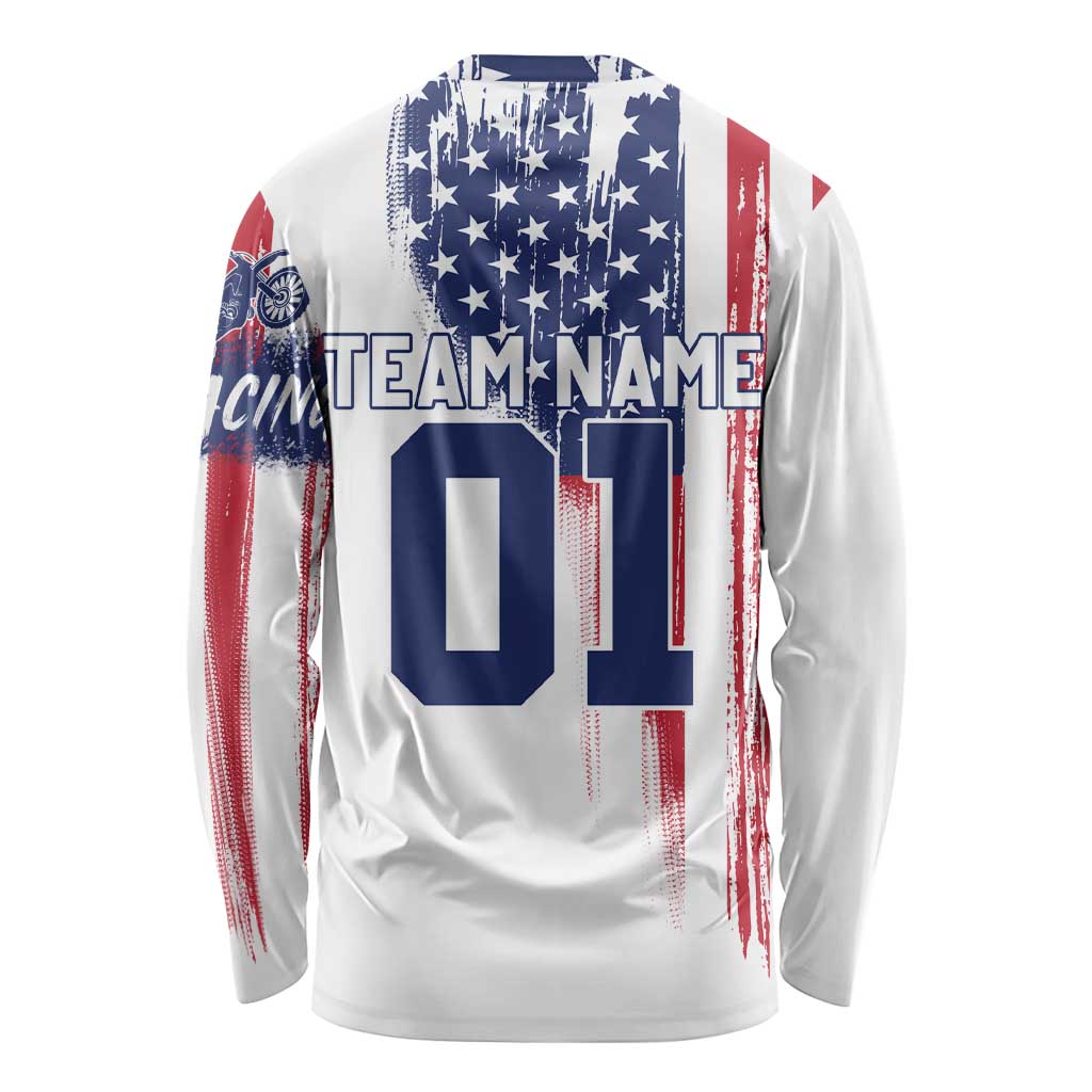 Motocross Rider Graphic Dirtbike Racing Long Sleeve Shirt with Distressed American Flag and Custom Number - Wonder Print Shop