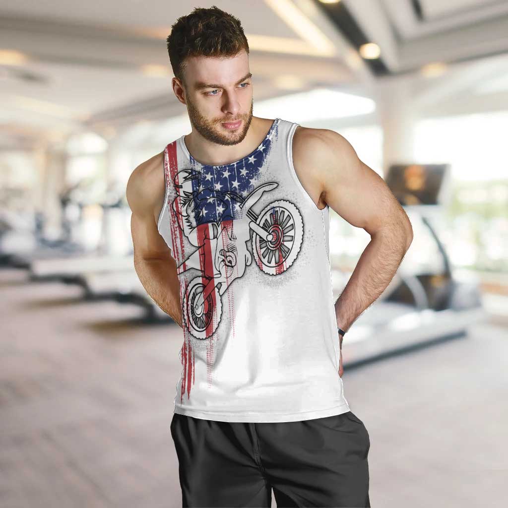 Motocross Rider Graphic Dirtbike Racing Men Tank Top with Distressed American Flag and Custom Number - Wonder Print Shop