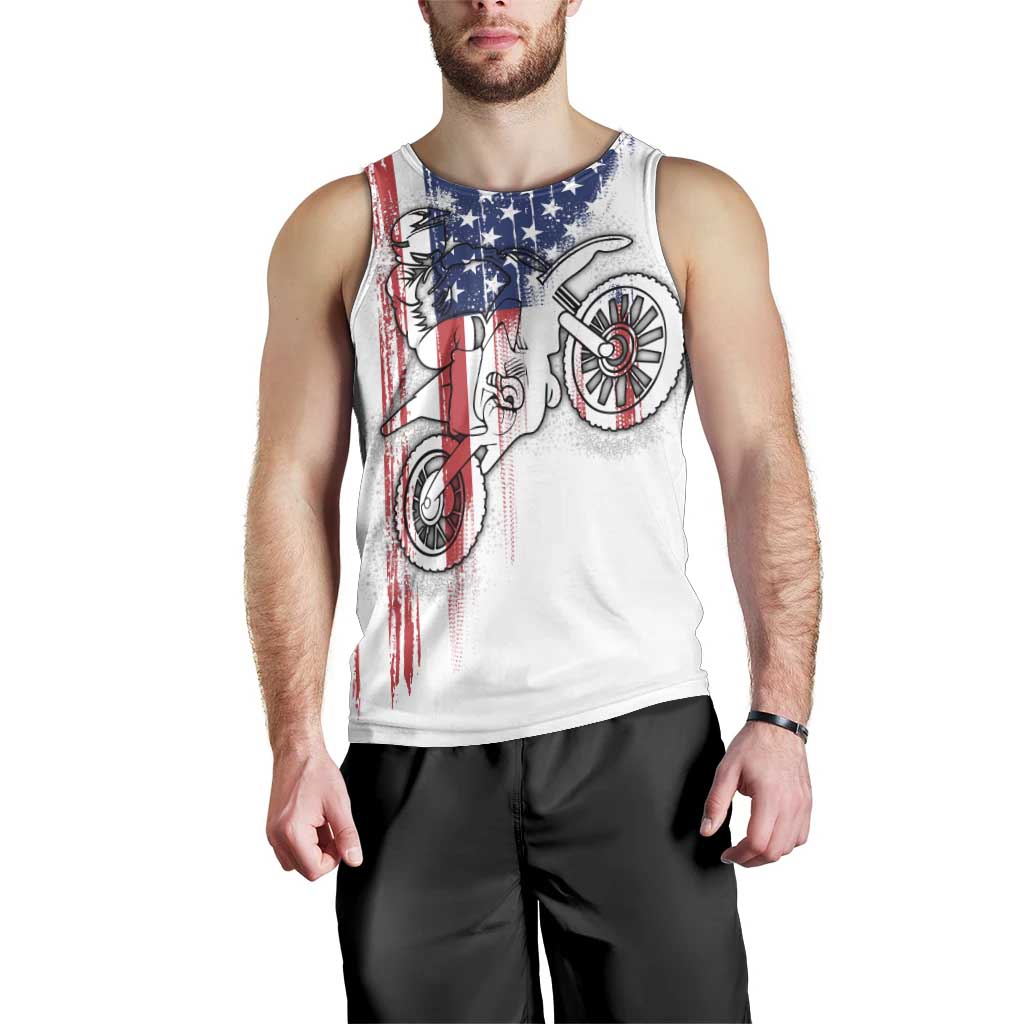 Motocross Rider Graphic Dirtbike Racing Men Tank Top with Distressed American Flag and Custom Number - Wonder Print Shop