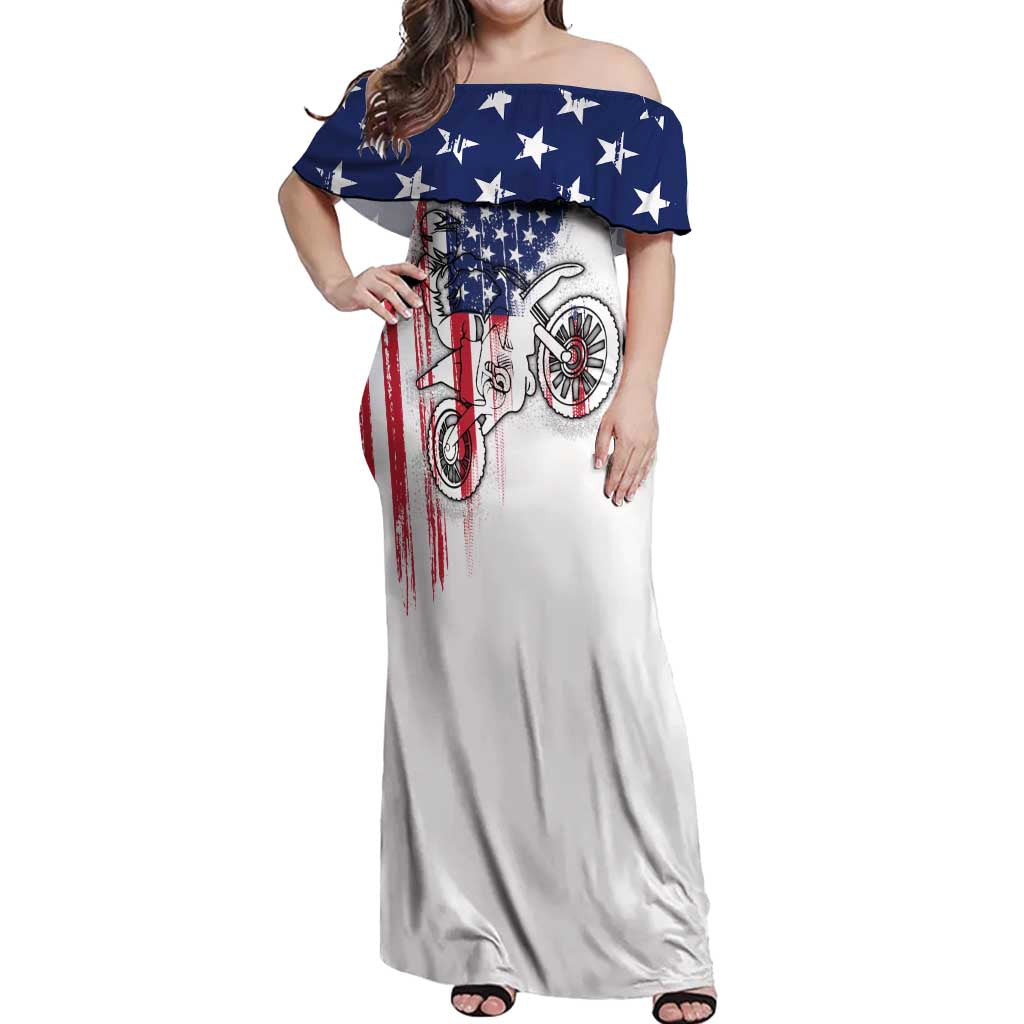 Motocross Rider Graphic Dirtbike Racing Off Shoulder Maxi Dress with Distressed American Flag and Custom Number - Wonder Print Shop