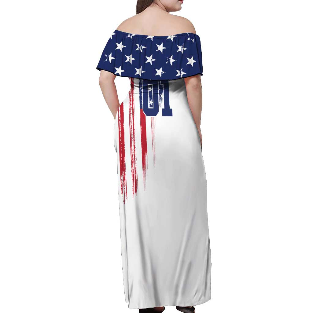 Motocross Rider Graphic Dirtbike Racing Off Shoulder Maxi Dress with Distressed American Flag and Custom Number - Wonder Print Shop