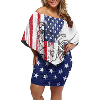 Motocross Rider Graphic Dirtbike Racing Off Shoulder Short Dress with Distressed American Flag and Custom Number - Wonder Print Shop