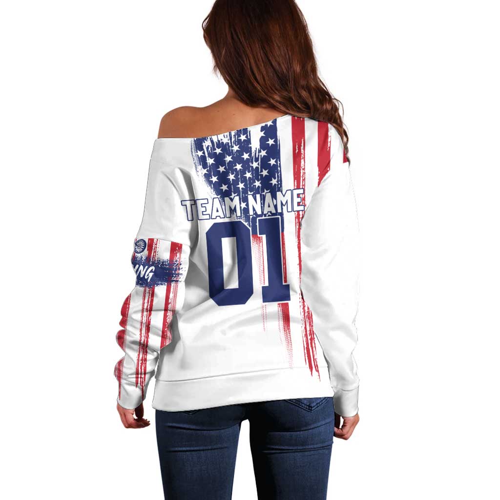 Motocross Rider Graphic Dirtbike Racing Off Shoulder Sweater with Distressed American Flag and Custom Number - Wonder Print Shop