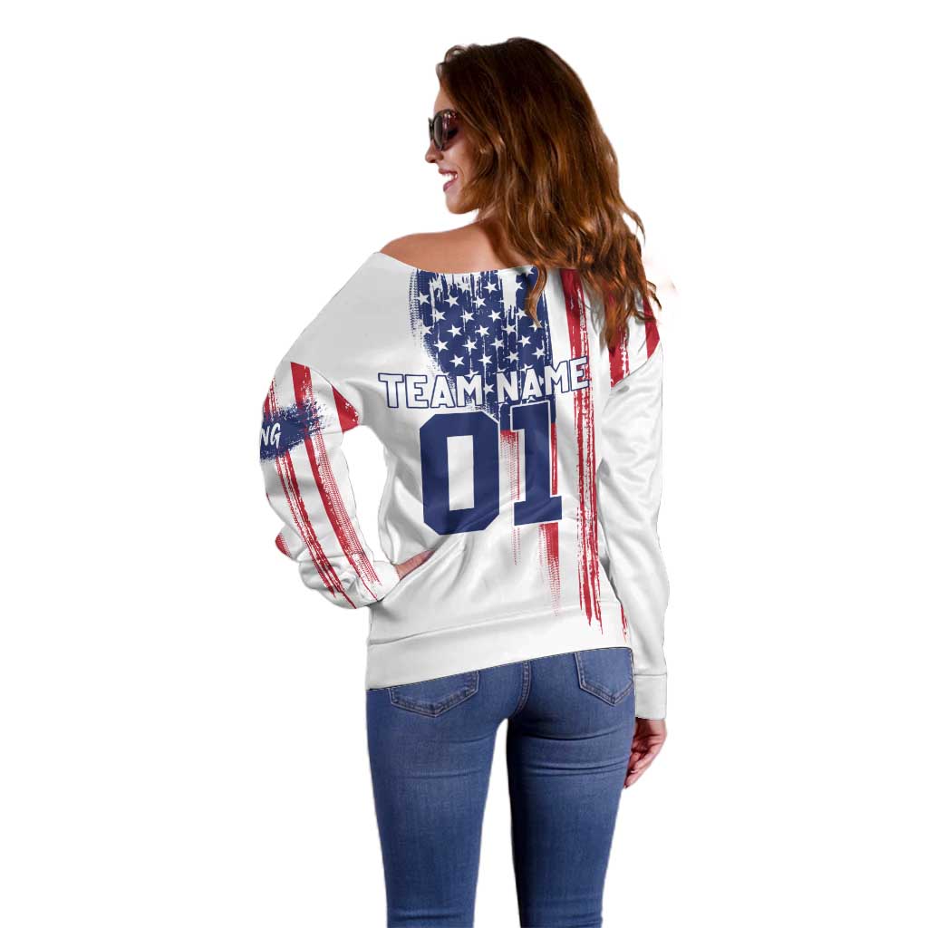 Motocross Rider Graphic Dirtbike Racing Off Shoulder Sweater with Distressed American Flag and Custom Number - Wonder Print Shop