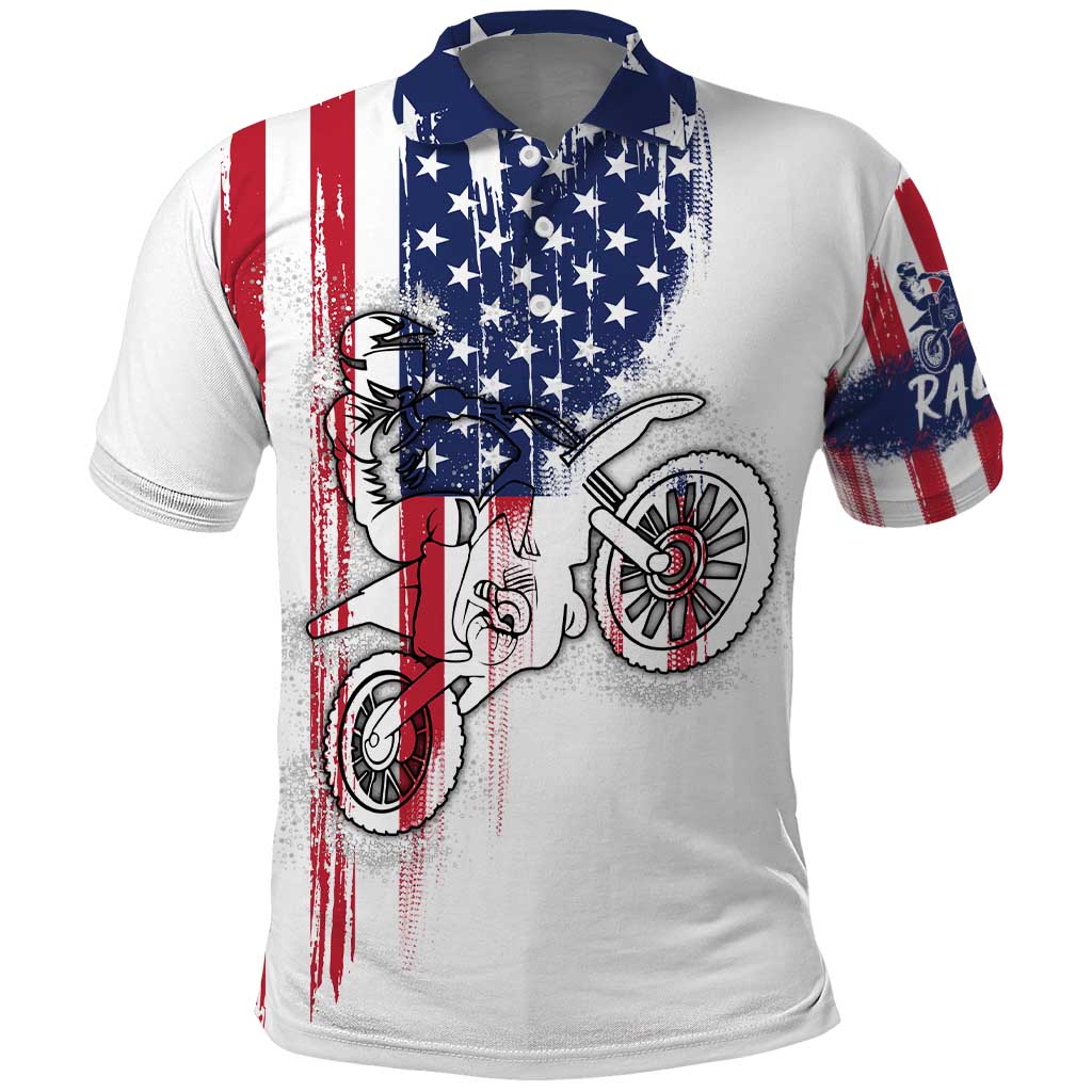 Motocross Rider Graphic Dirtbike Racing Polo Shirt with Distressed American Flag and Custom Number - Wonder Print Shop