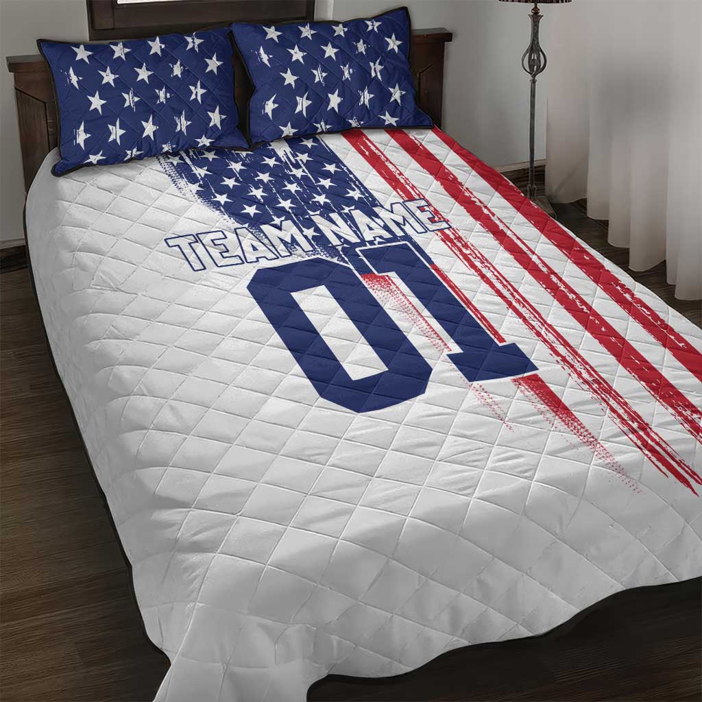Motocross Rider Graphic Dirtbike Racing Quilt Bed Set with Distressed American Flag and Custom Number - Wonder Print Shop