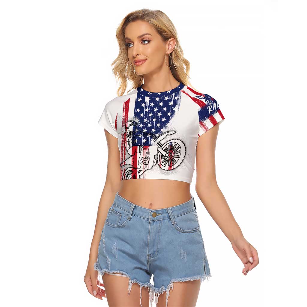 Motocross Rider Graphic Dirtbike Racing Raglan Cropped T Shirt with Distressed American Flag and Custom Number - Wonder Print Shop