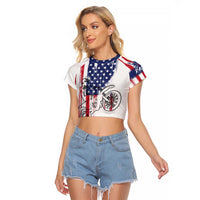 Motocross Rider Graphic Dirtbike Racing Raglan Cropped T Shirt with Distressed American Flag and Custom Number - Wonder Print Shop