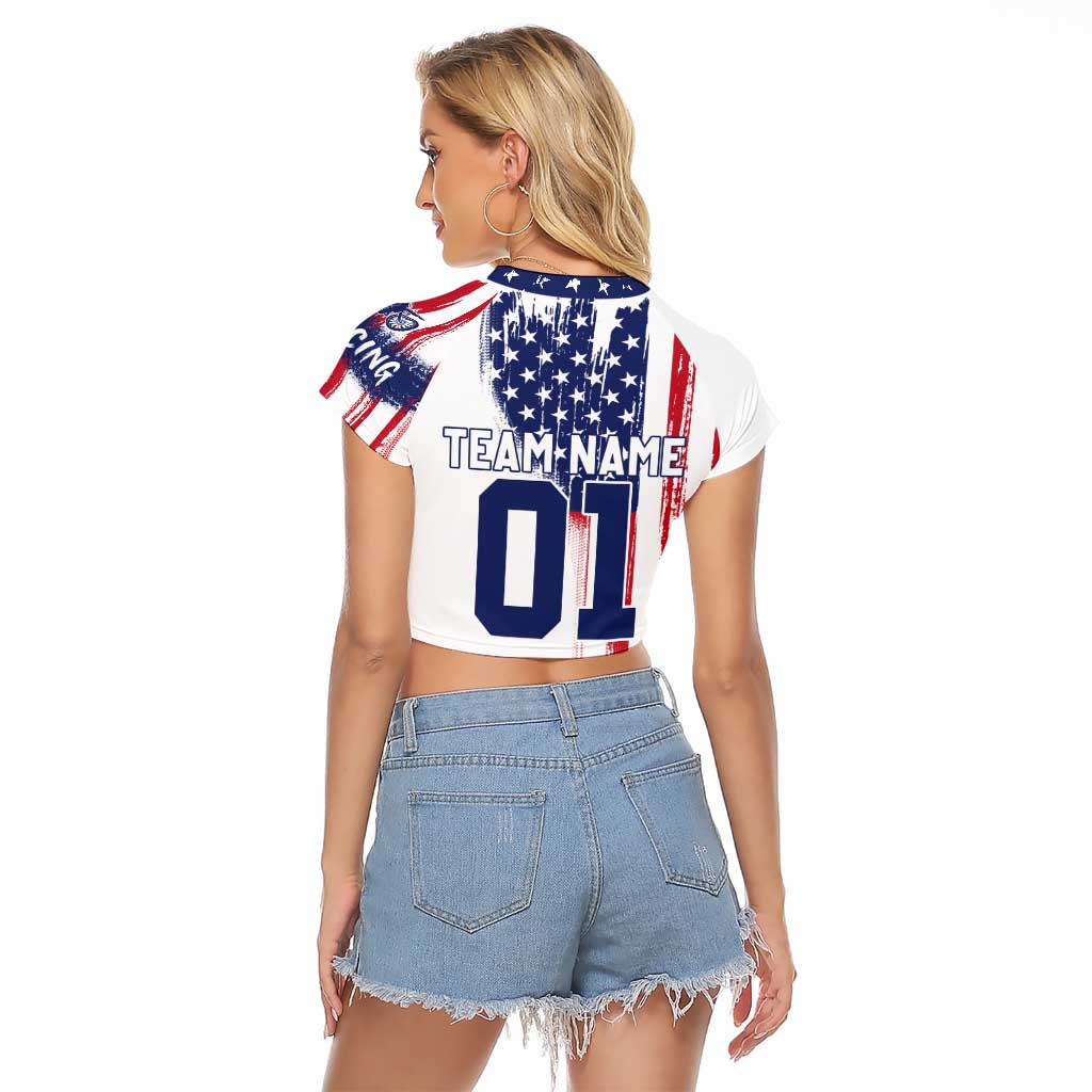 Motocross Rider Graphic Dirtbike Racing Raglan Cropped T Shirt with Distressed American Flag and Custom Number - Wonder Print Shop