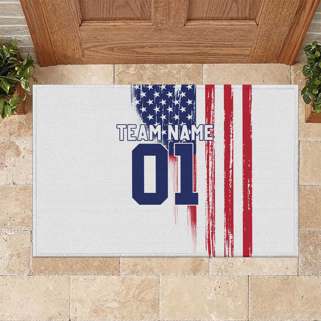 Motocross Rider Graphic Dirtbike Racing Rubber Doormat with Distressed American Flag and Custom Number - Wonder Print Shop