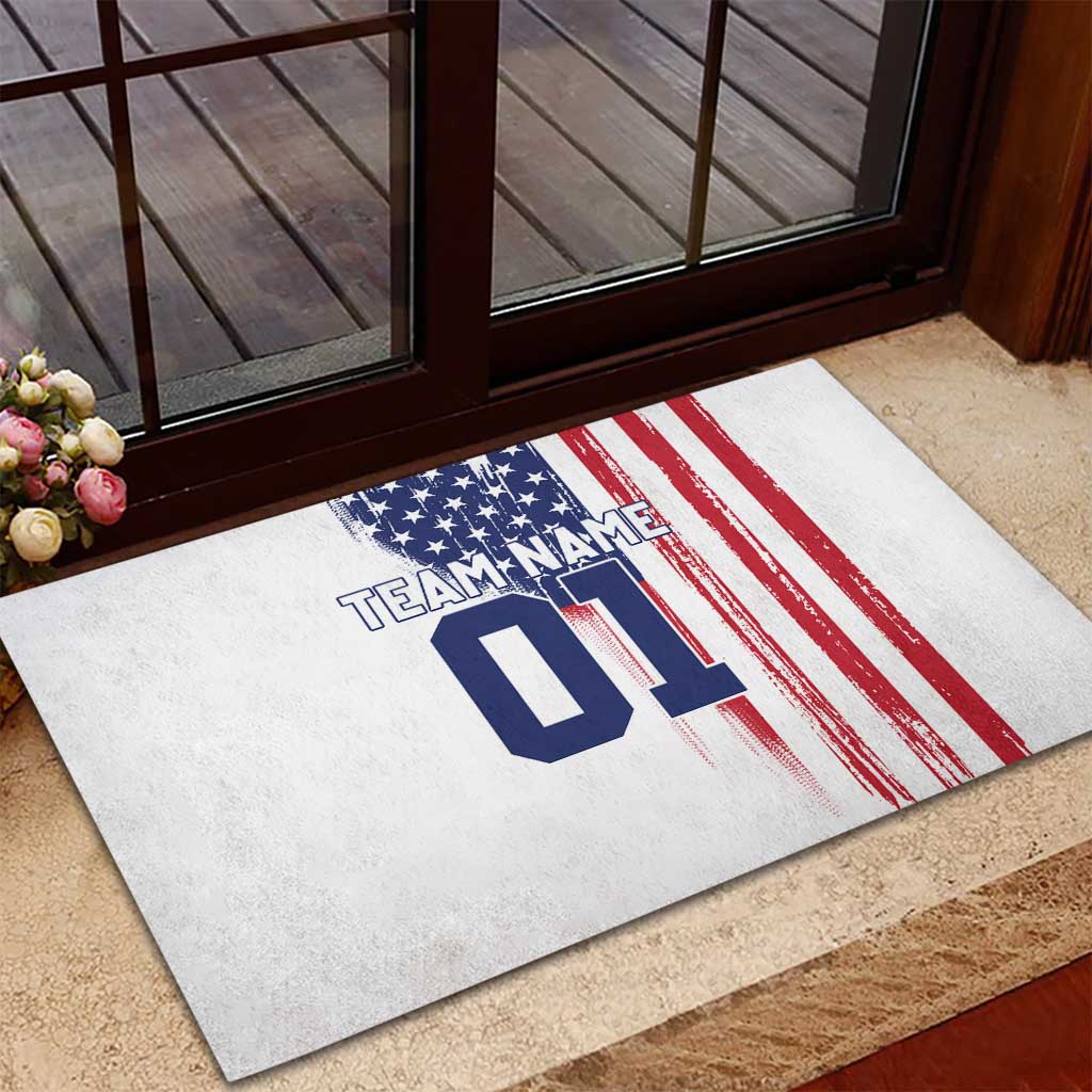 Motocross Rider Graphic Dirtbike Racing Rubber Doormat with Distressed American Flag and Custom Number - Wonder Print Shop