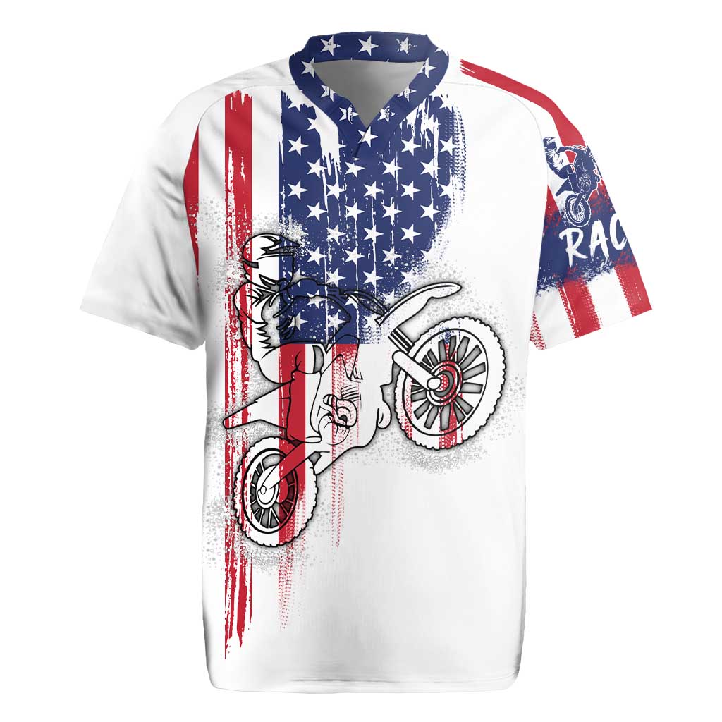 Motocross Rider Graphic Dirtbike Racing Rugby Jersey with Distressed American Flag and Custom Number - Wonder Print Shop