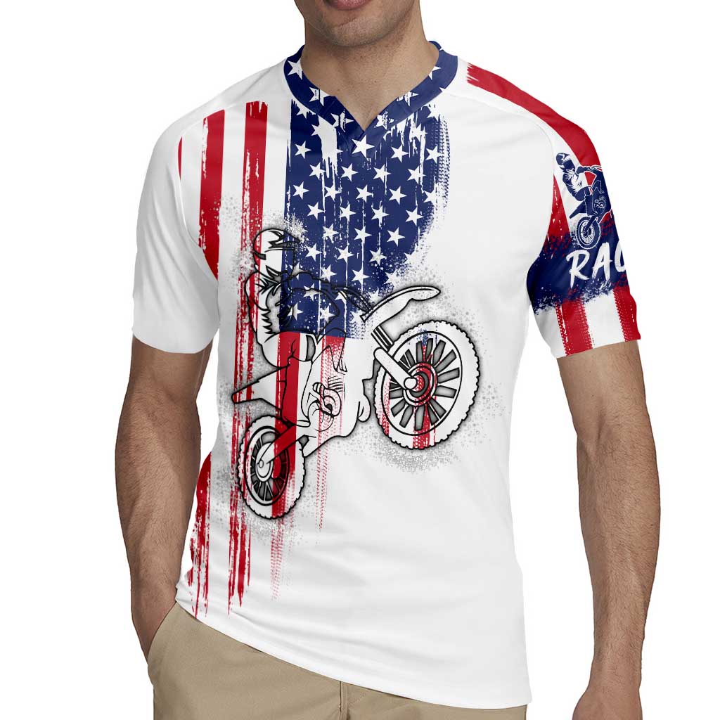 Motocross Rider Graphic Dirtbike Racing Rugby Jersey with Distressed American Flag and Custom Number - Wonder Print Shop