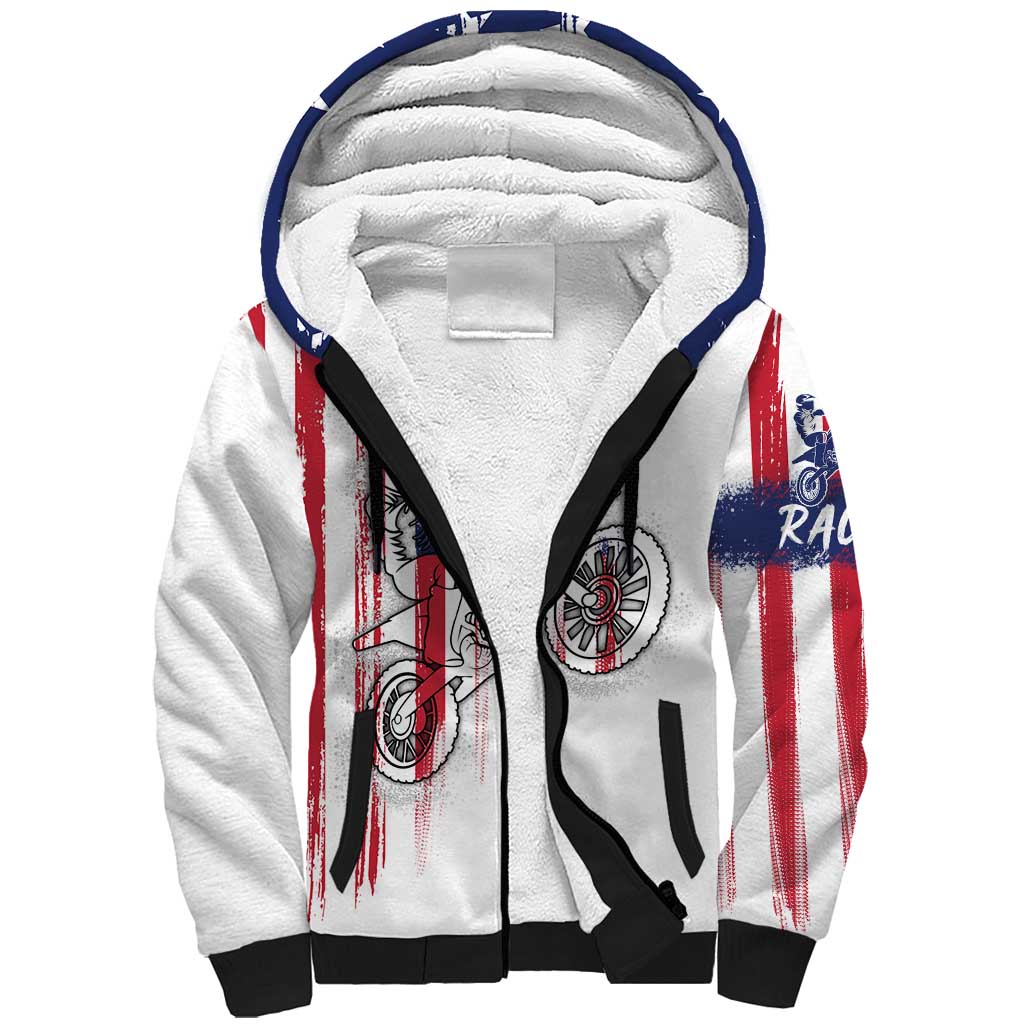 Motocross Rider Graphic Dirtbike Racing Sherpa Hoodie with Distressed American Flag and Custom Number - Wonder Print Shop