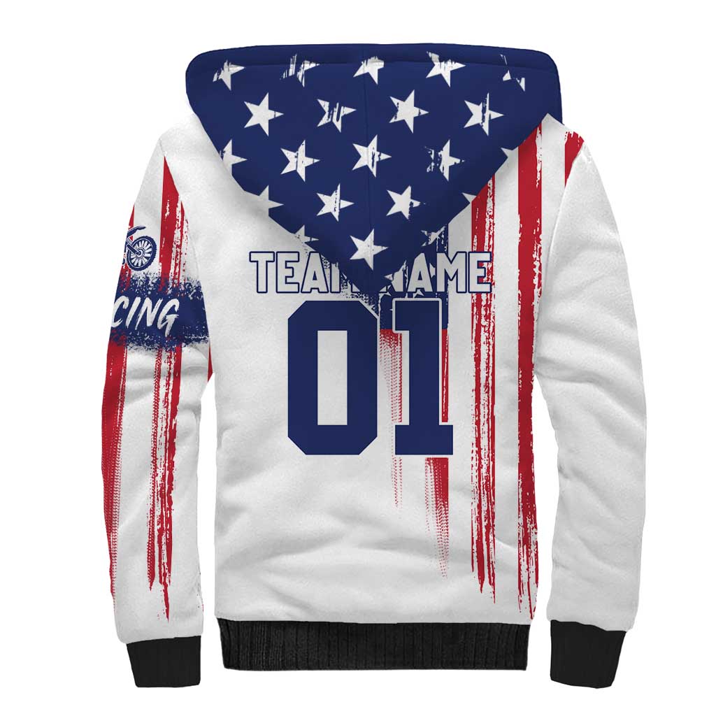 Motocross Rider Graphic Dirtbike Racing Sherpa Hoodie with Distressed American Flag and Custom Number - Wonder Print Shop