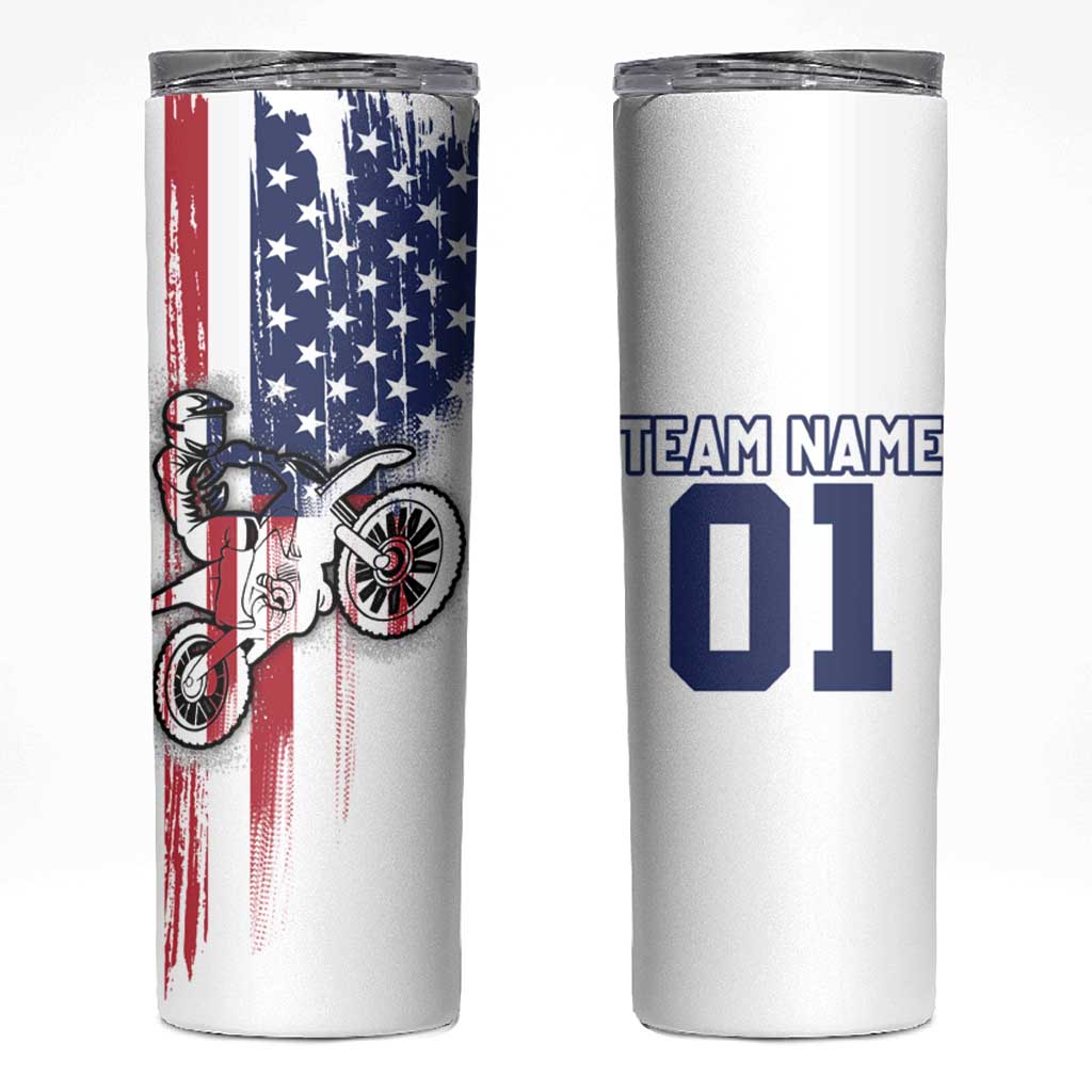 Motocross Rider Graphic Dirtbike Racing Skinny Tumbler with Distressed American Flag and Custom Number - Wonder Print Shop