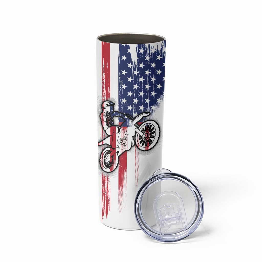 Motocross Rider Graphic Dirtbike Racing Skinny Tumbler with Distressed American Flag and Custom Number - Wonder Print Shop