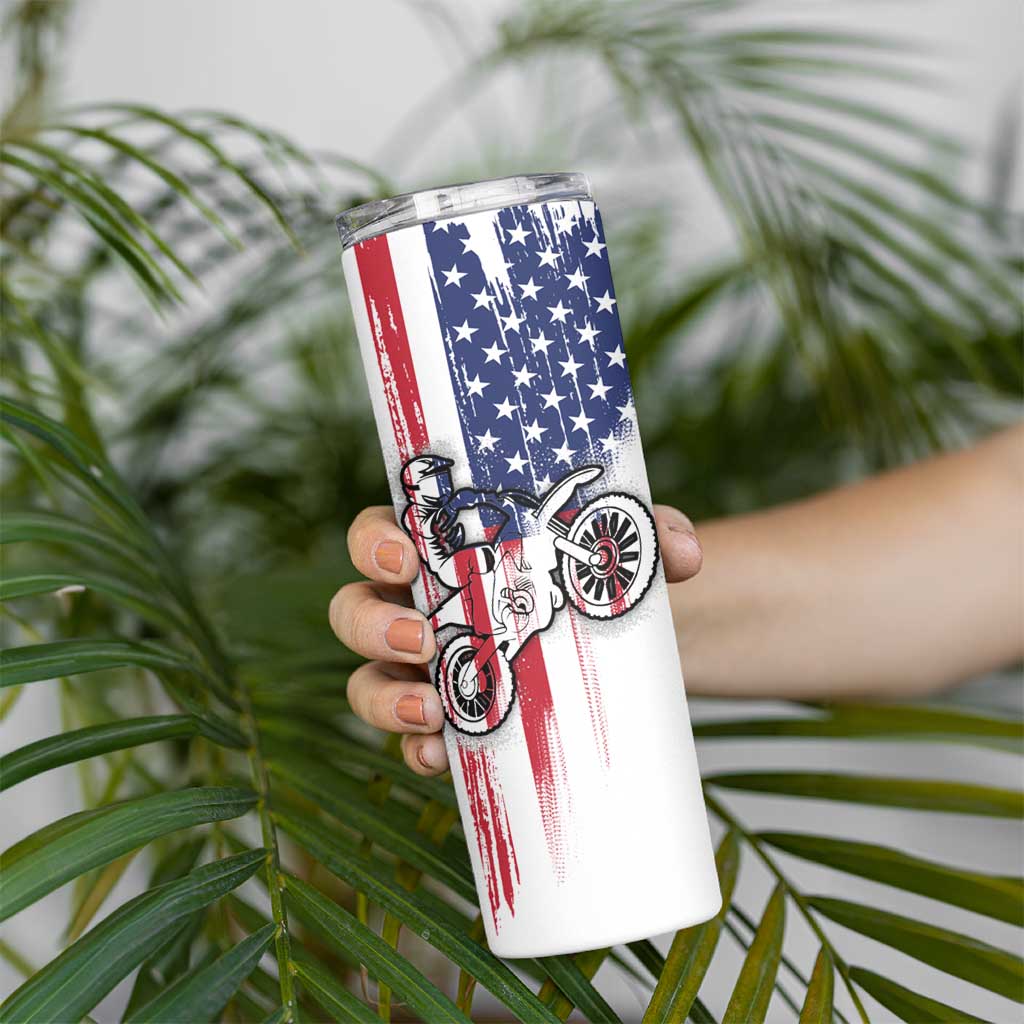 Motocross Rider Graphic Dirtbike Racing Skinny Tumbler with Distressed American Flag and Custom Number - Wonder Print Shop