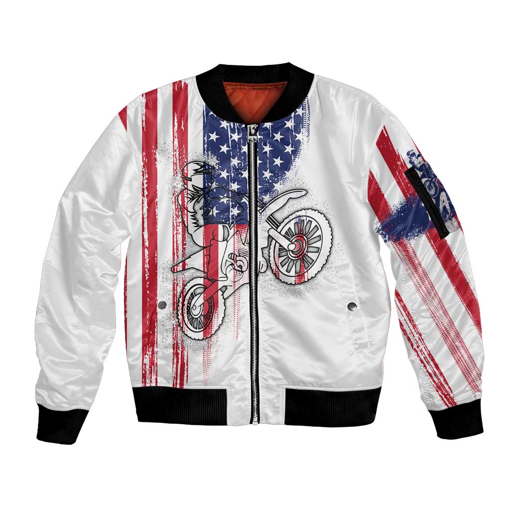 Motocross Rider Graphic Dirtbike Racing Sleeve Zip Bomber Jacket with Distressed American Flag and Custom Number - Wonder Print Shop